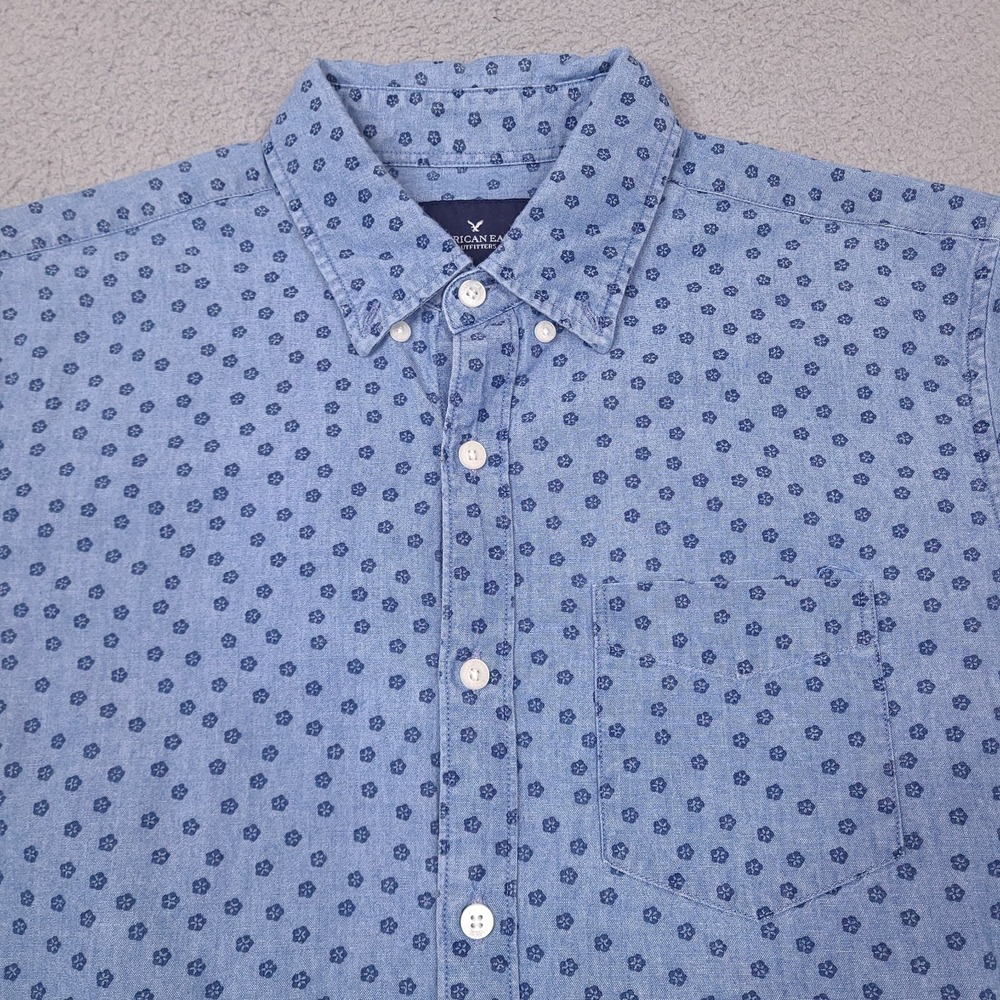 American Eagle Outfitters Shirt Mens Medium Blue Floral Geometric Chambray Denim